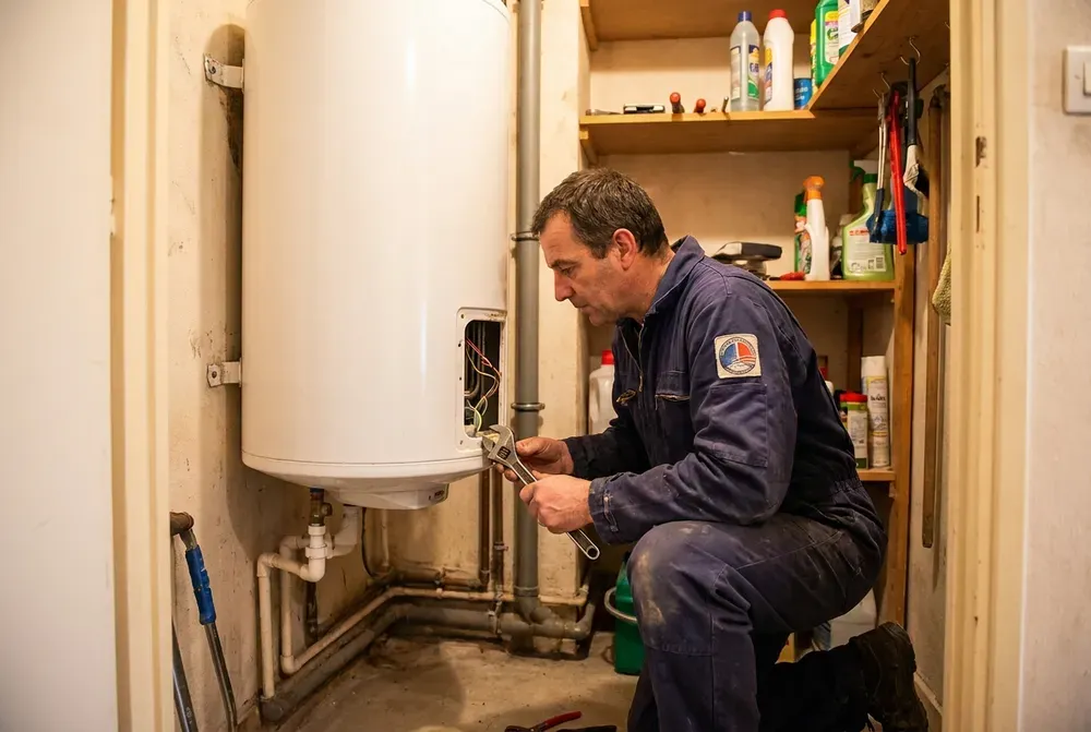 Plombier réparant un chauffe-eau électrique en panne dans un logement à Fontenay-aux-Roses