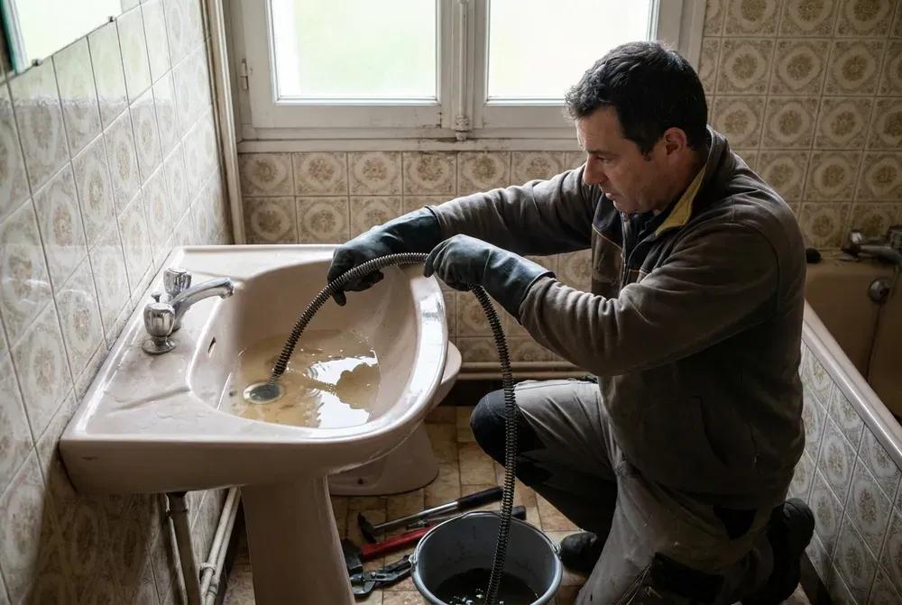 Plombier débouchant une canalisation d'évier avec un furet à Fontenay-aux-Roses