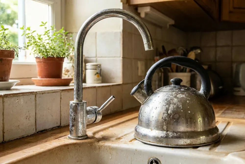 Robinet et bouilloire entartrés par l'eau calcaire dans une cuisine à Fontenay-aux-Roses